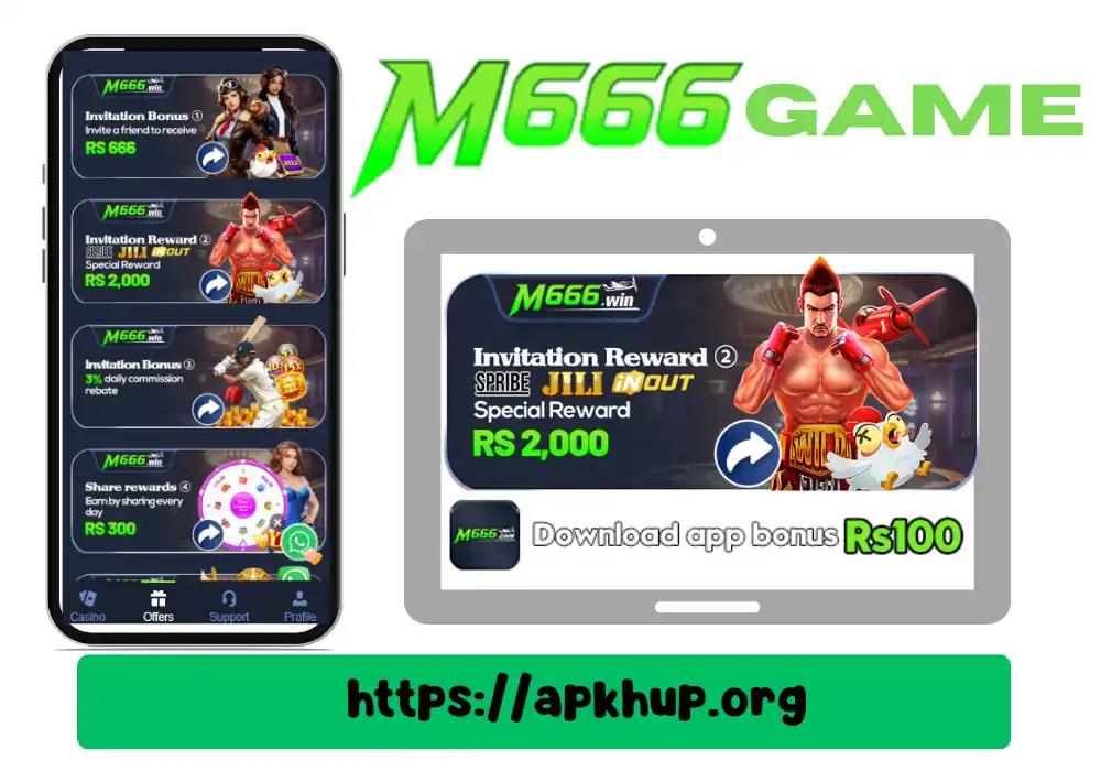 M666 Game invitation rewards screen showing Rs2000 bonus and Rs100 download bonus, earn money casino app in Pakistan, APKHup