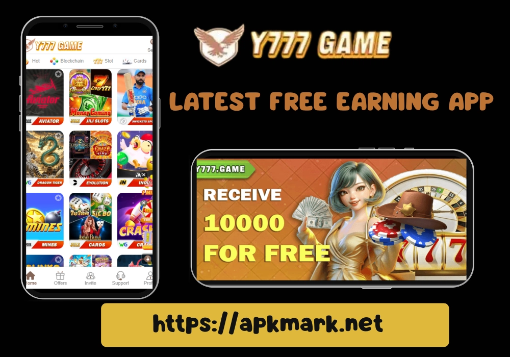 Y777 game mobile app interface showing multiple online casino games and a free bonus reward offer on smartphone screens