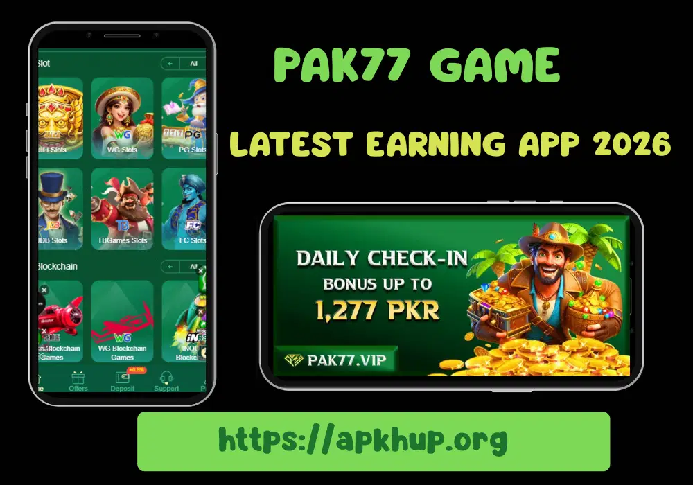 PAK77 Game latest earning app 2026 showing slot games interface and daily check-in bonus up to 1,277 PKR on mobile screens.
