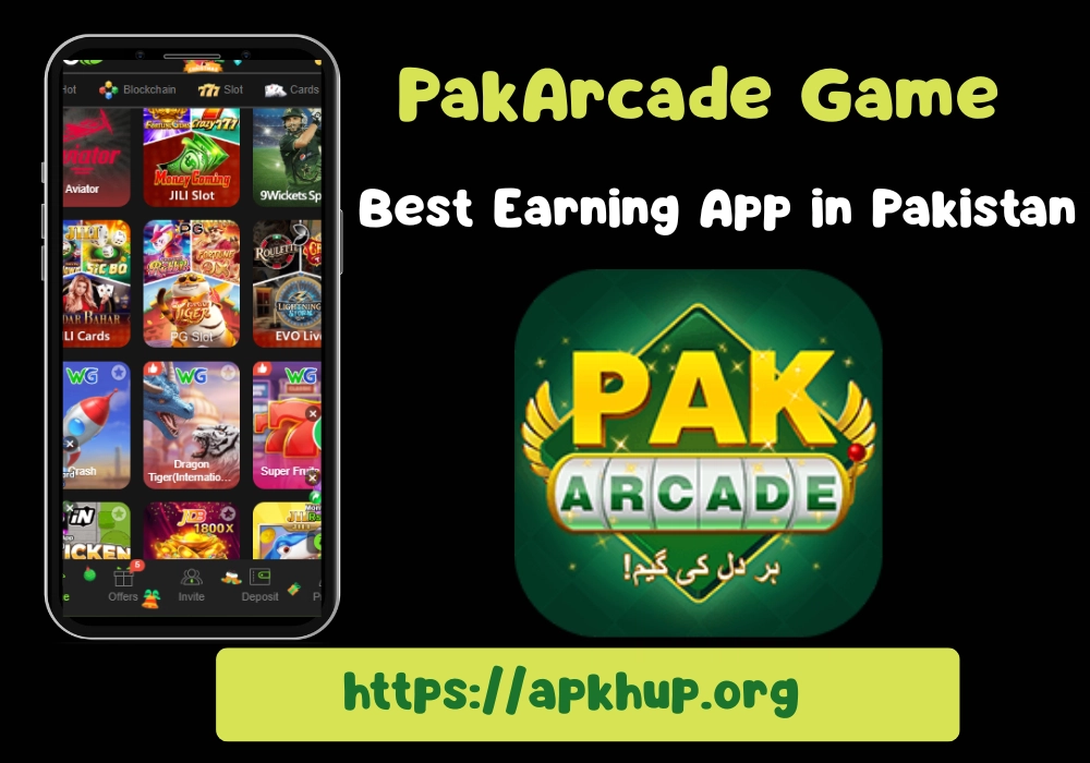 PakArcade Game earning app showing casino and slot games on mobile screen in Pakistan